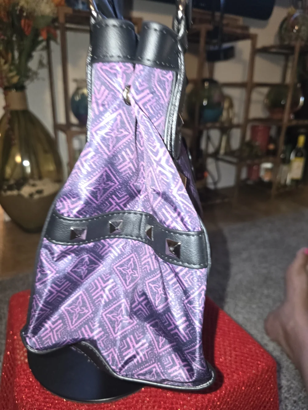 Purple/Black/Pink Skull Kitty Tote Bag with Studded Straps - Picture 13 of 15